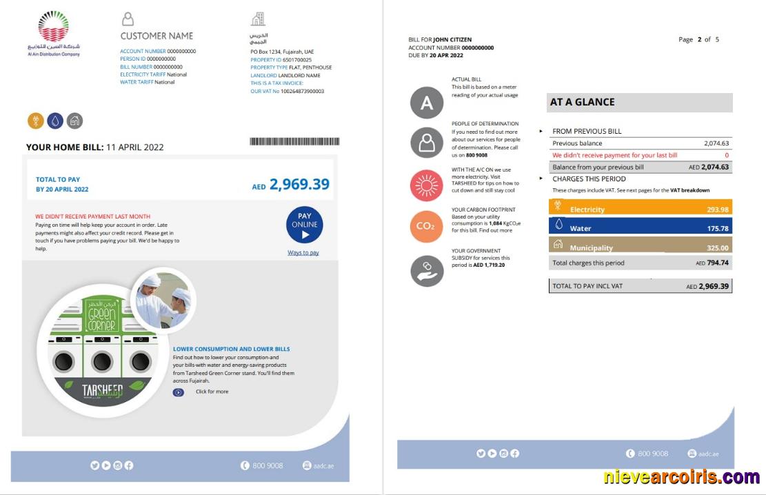 UAE Fujairah Al Ain Distribution Co utility bill 5 pages 1 2